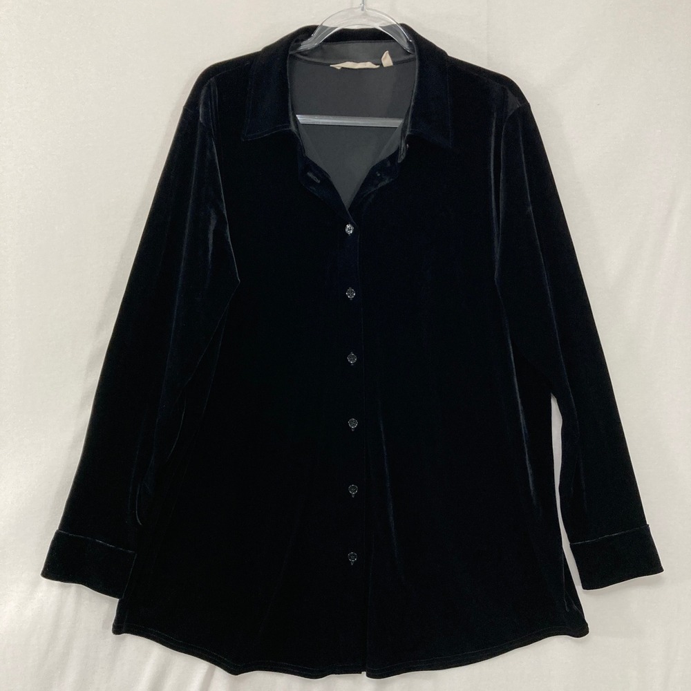 Soft Surroundings Velvet Button Down Shirt XL Black Long Sleeve‎ Preppy Classic